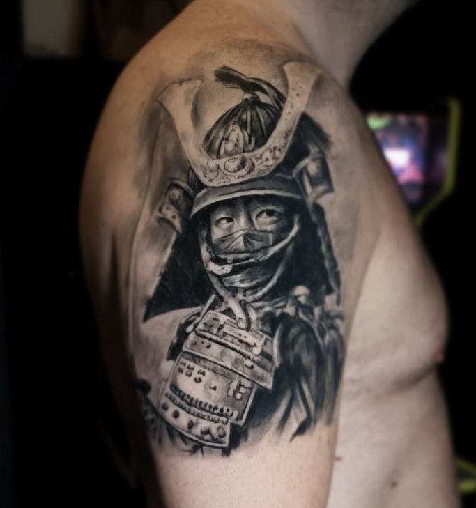 samurai tattoo in black and grey