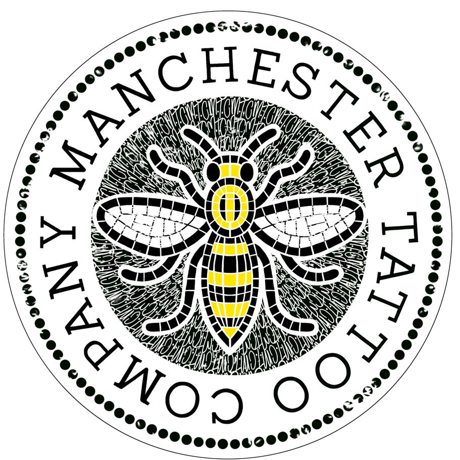 white circular logo with a Manchester bee at the centre. Written around the bee symbol are the words Manchester tattoo company.