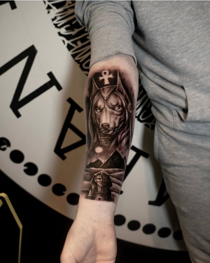 Egyptian themed tattoo with Anubis by Nathan Boon