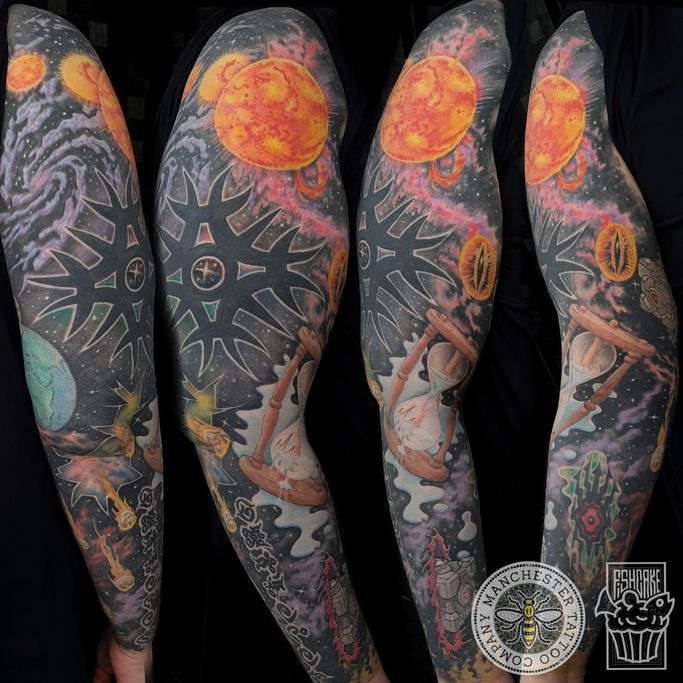a space and gaming themed full colour tattoo sleeve by fishcake tattoo